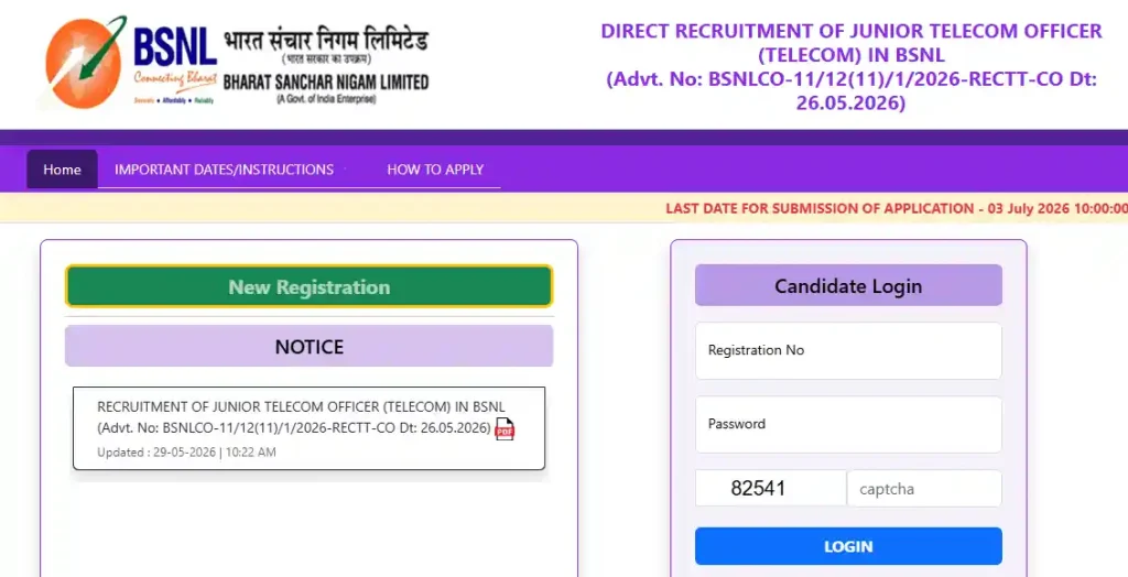 Registration option for BSNL JTO Recruitment 2026