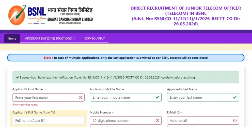 Registration form image of BSNL JTO Recruitment 2026