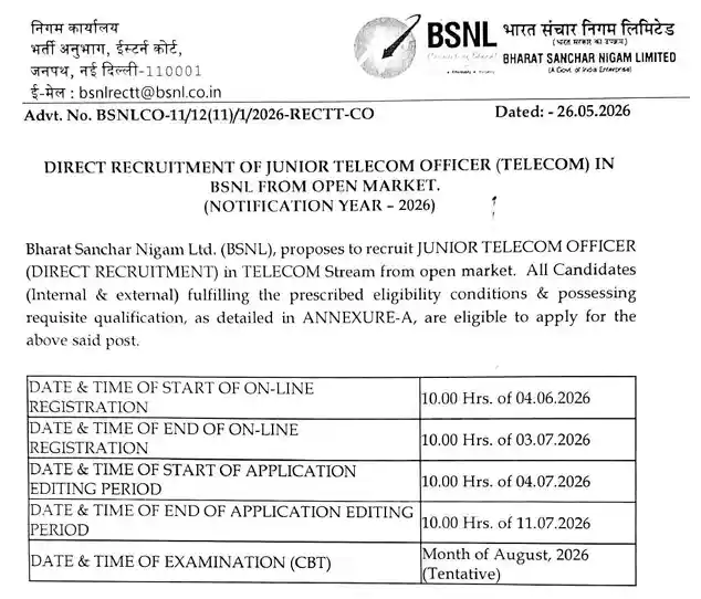 Official notification image of BSNL JTO Recruitment 2026