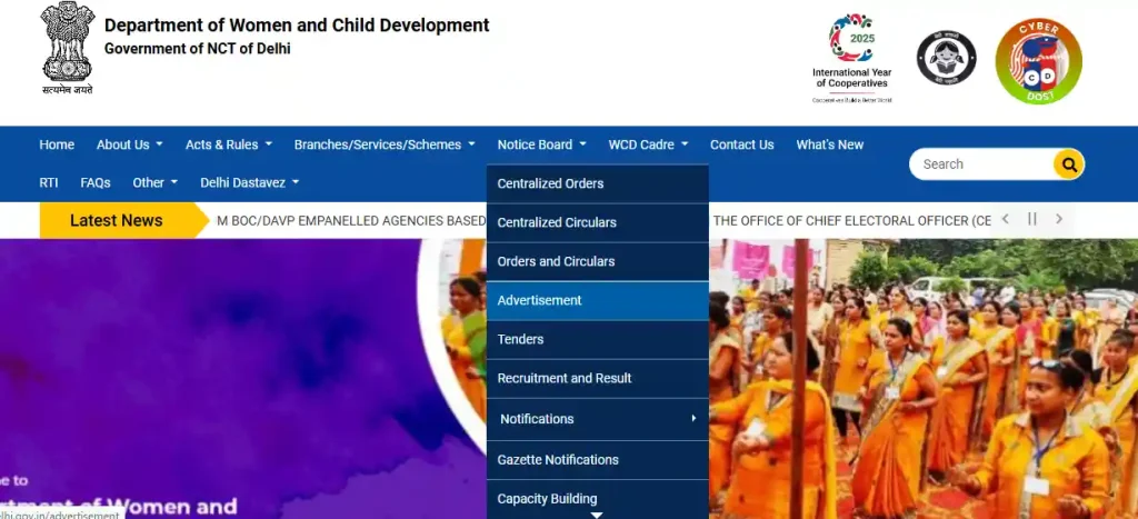 WCD website homepage for Delhi Anganwadi Recruitment 2026