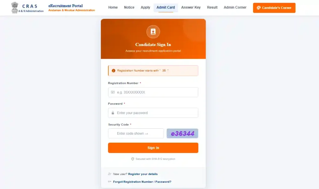 Login and Registration option for Andaman and Nicobar Group C Recruitment 2026