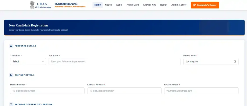 Registration form image for Andaman and Nicobar Group C Recruitment 2026