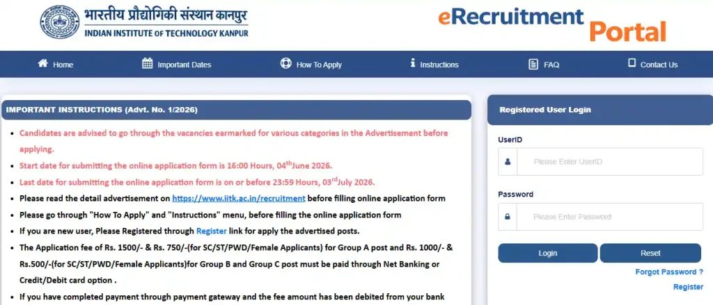 Login page for IIT Kanpur Non Teaching Recruitment 2026