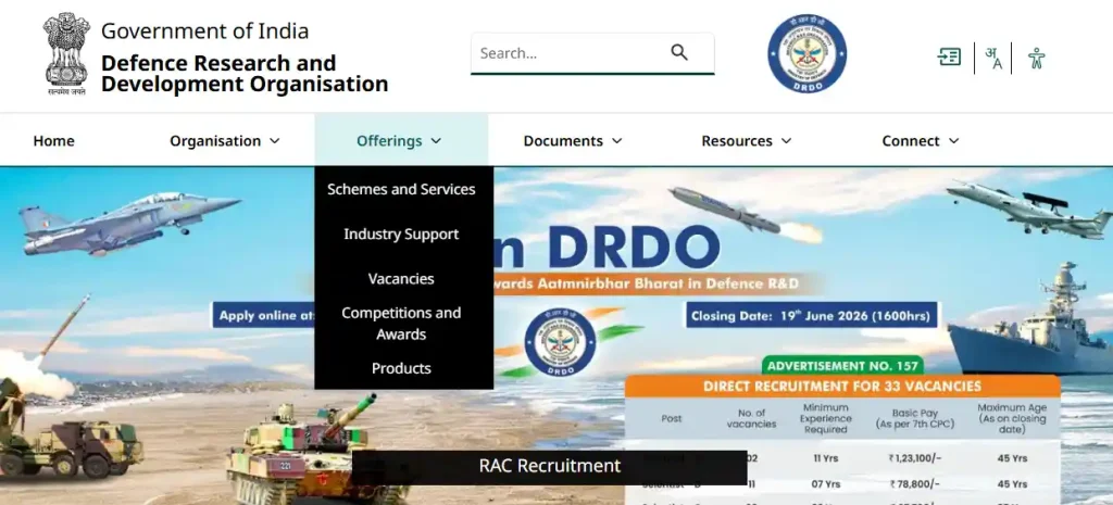 DRDO website homepage for DRDO DESIDOC Apprentice Recruitment 2026