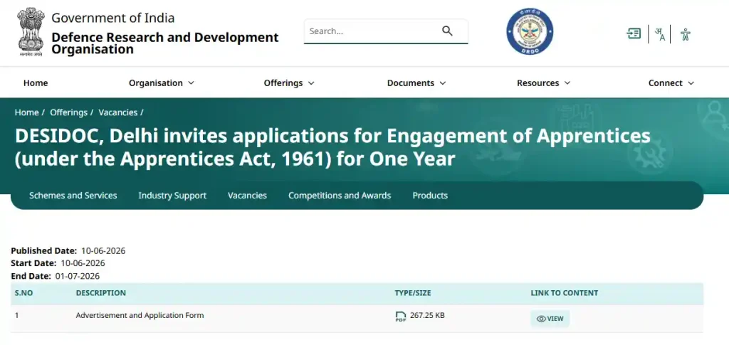 Notificaiton download link for DRDO DESIDOC Apprentice Recruitment 2026