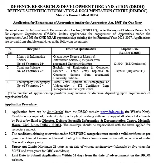 Official Notification image of DRDO DESIDOC Apprentice Recruitment 2026