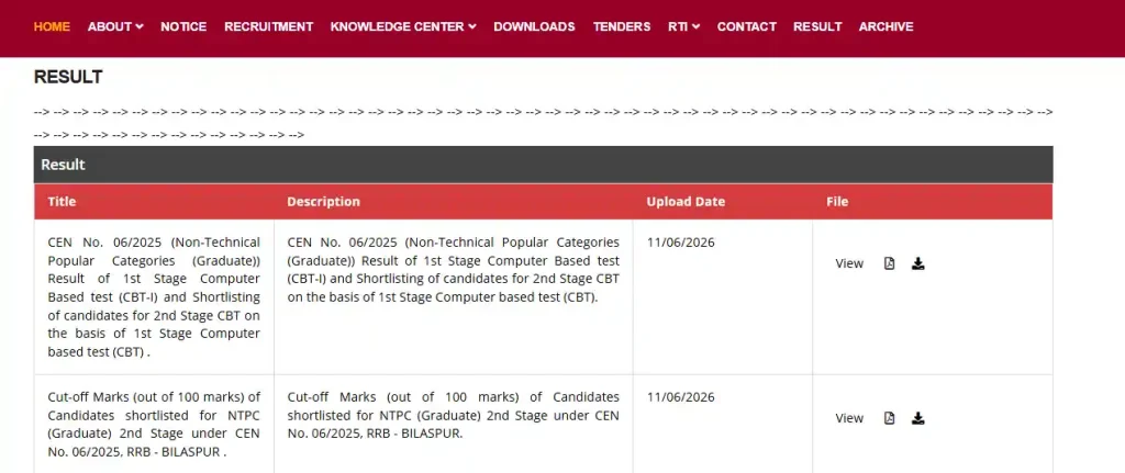 RRB NTPC Graduate 06/2025 Result 2026 Links