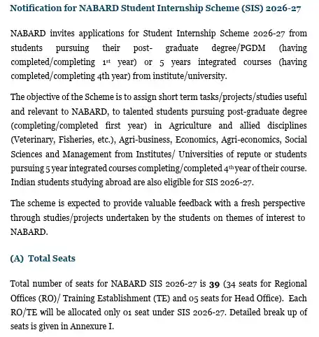 Official Notification image of NABARD Internship 2026