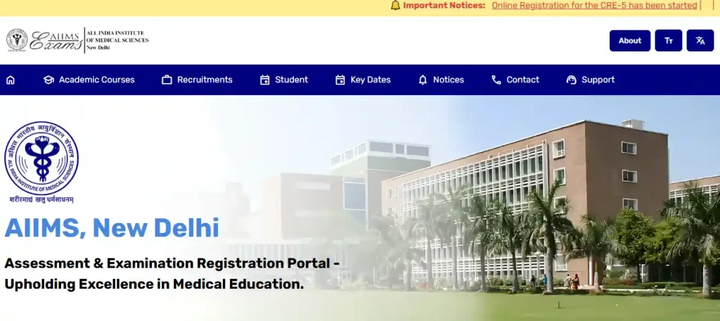 AIIMS website homepage for AIIMS CRE-5 Recruitment 2026