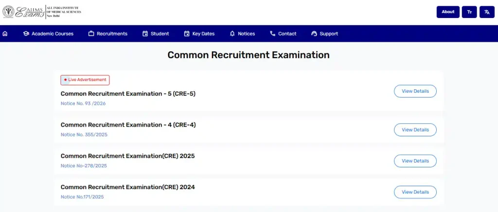 View Details option for AIIMS CRE-5 Recruitment 2026