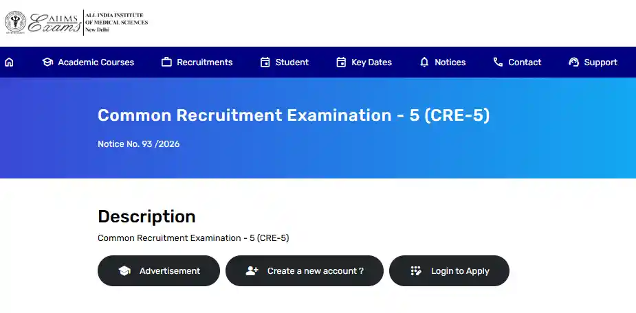 Registration and login option for AIIMS CRE-5 Recruitment 2026