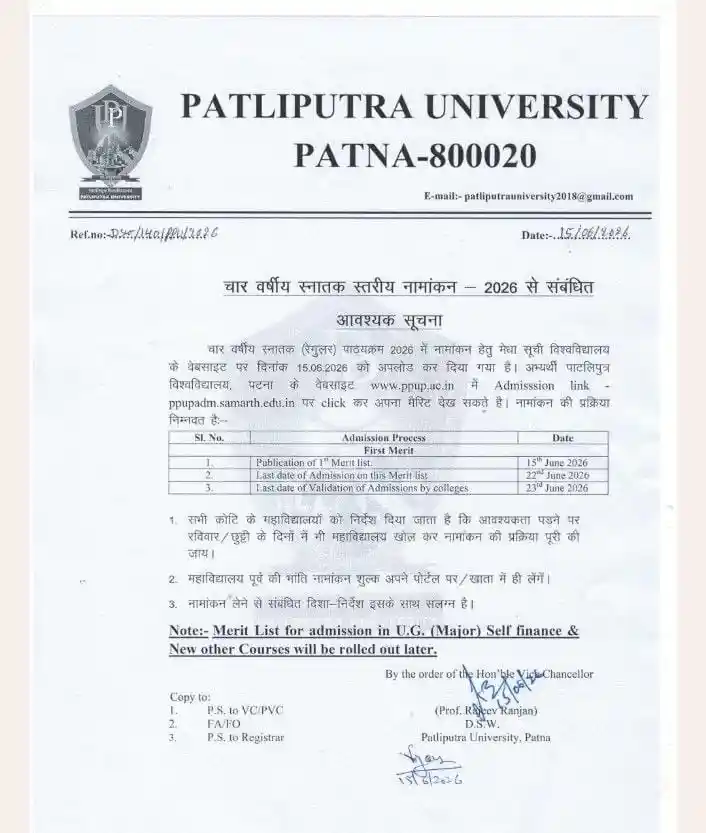 PPU UG Merit List 2026-30 Notice