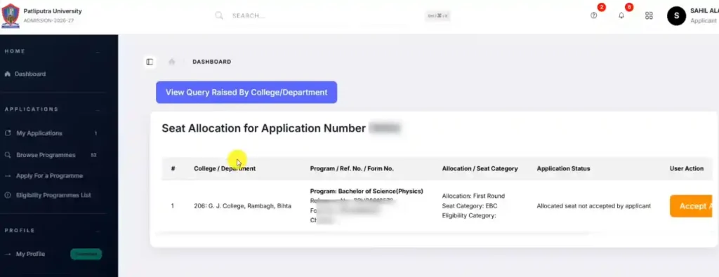 Allocated seat college name for PPU UG Merit List 2026-30