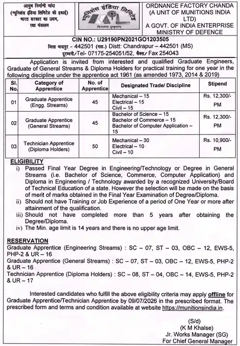 Official Notification image of Ordnance Factory Chanda Apprentices Recruitment 2026