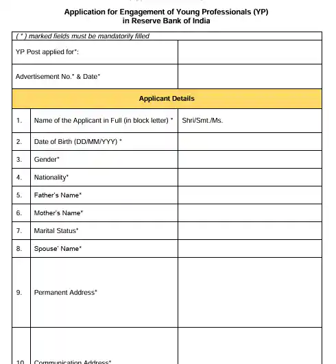 Form image of RBI Young Professional Recruitment 2026