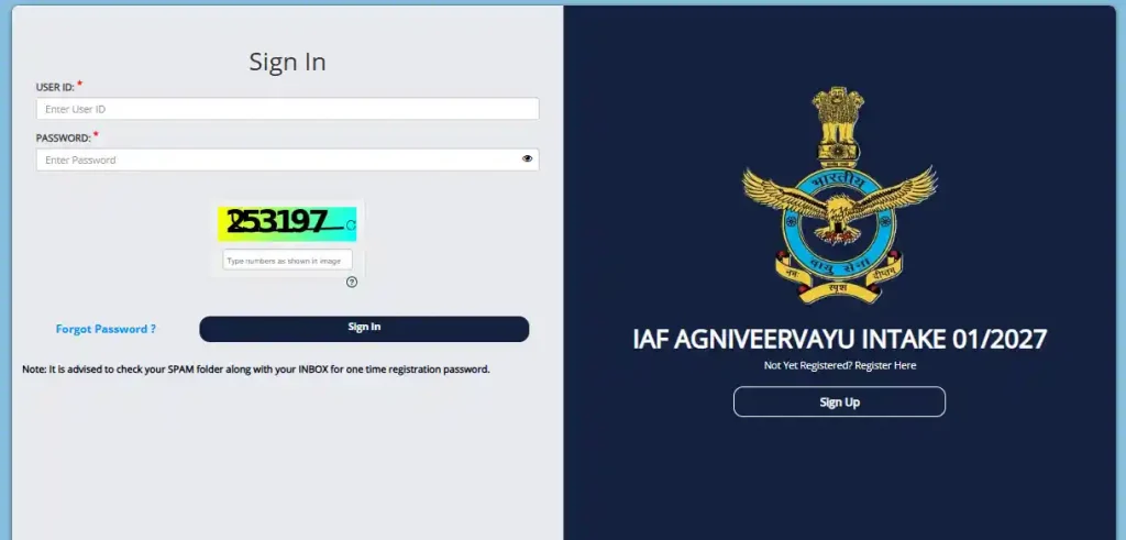 Login and & sign Up option for Indian Air Force Agniveervayu & Airmen Intake 02/2027