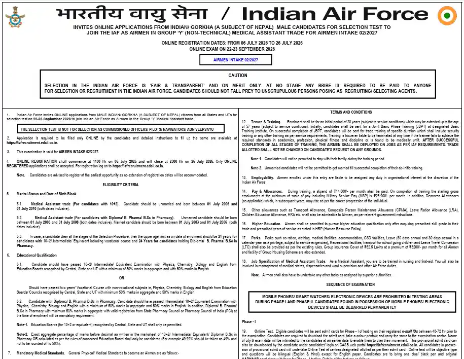 officle notification of Airmen for Indian Air Force Agniveervayu & Airmen Intake 02/2027