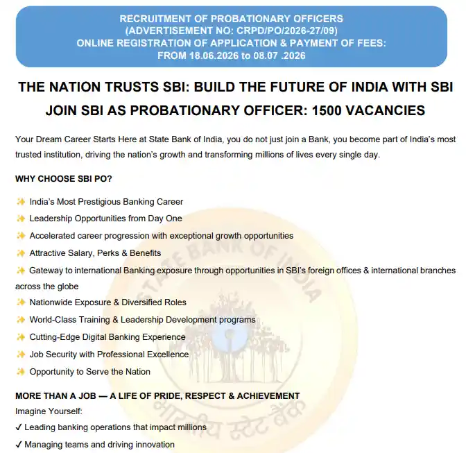 Official Notificaiton image of SBI PO Recruitment 2026