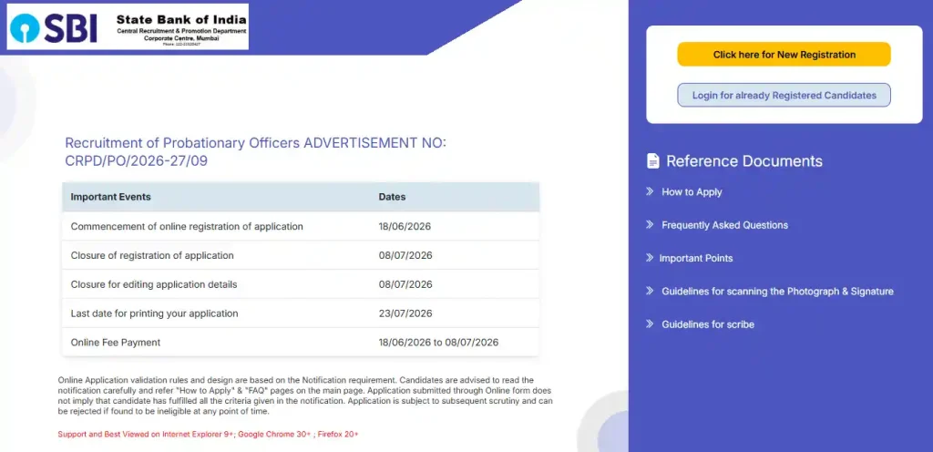 New Registration & Login option for SBI PO Recruitment 2026