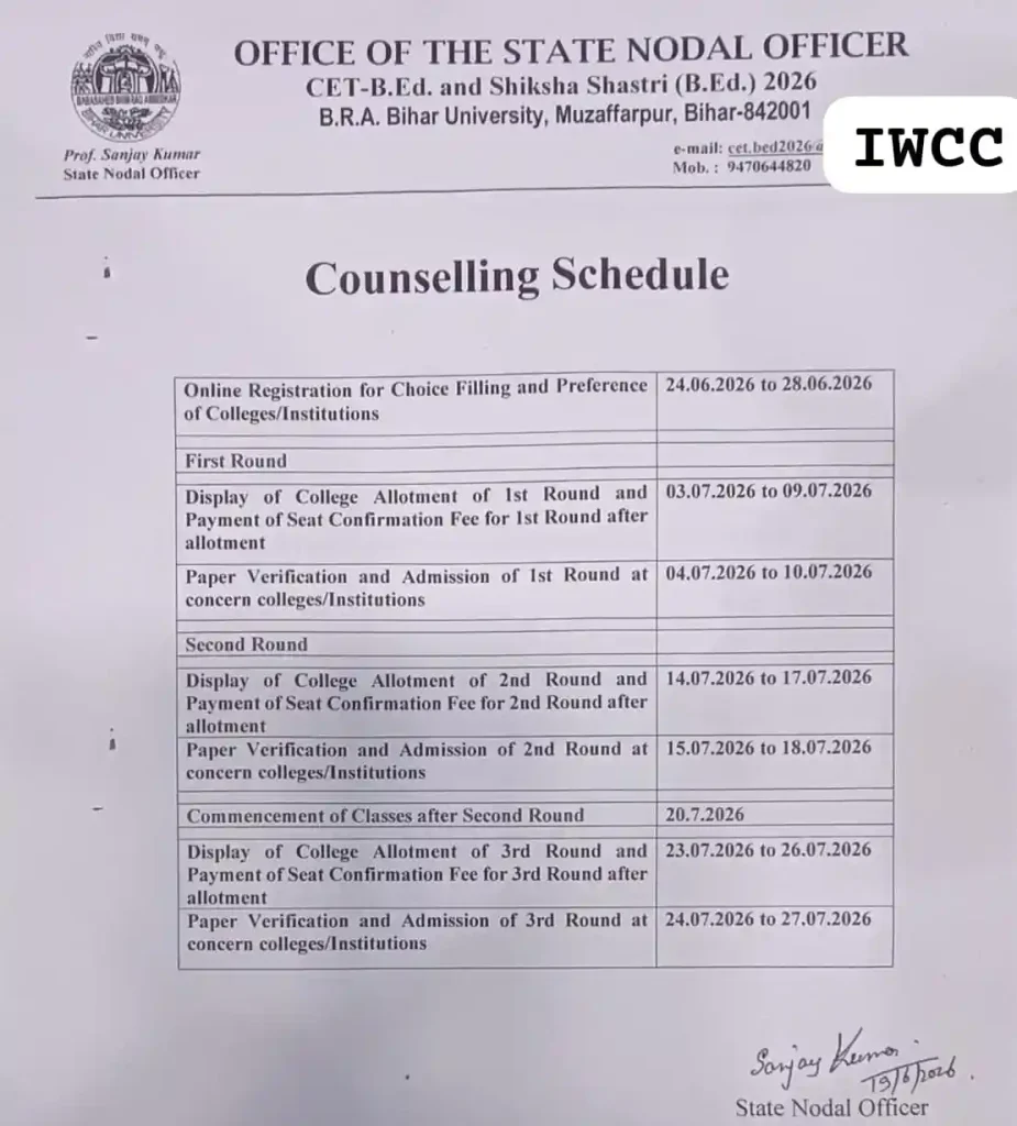 Counselling Schedule notice image of Bihar B.Ed Counselling 2026