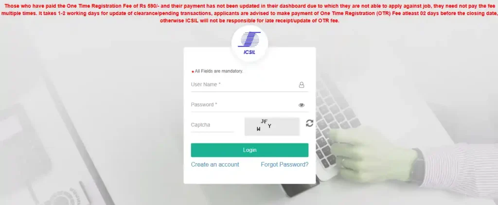 ICSIL DCCWS Helper/MTS Recruitment 2026 Login page and registration account create option for ICSIL DCCWS Helper/MTS Recruitment 2026