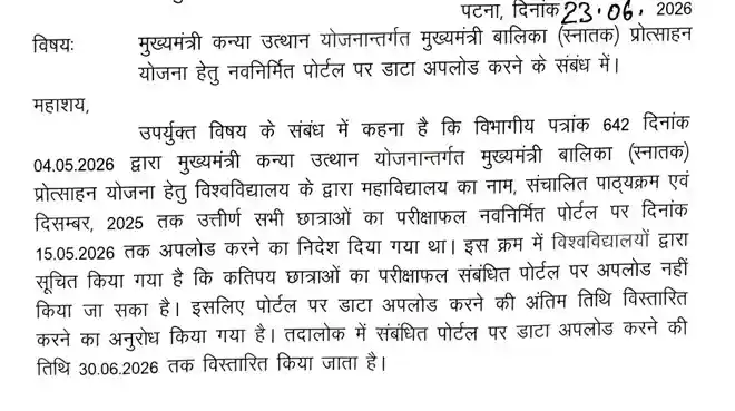 Mukhyamantri Kanya Utthan Yojana Graduation 2026 New Notice
