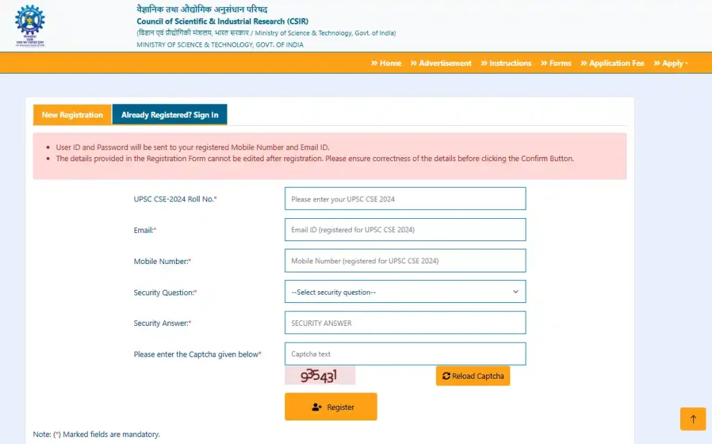 Registration form for CSIR ASO Recruitment 2026
