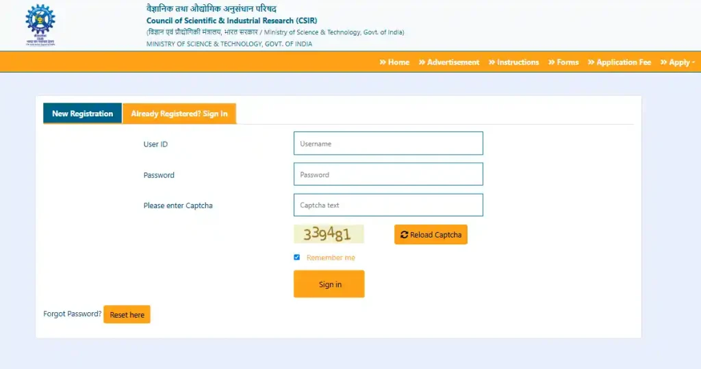 Login form image of CSIR ASO Recruitment 2026