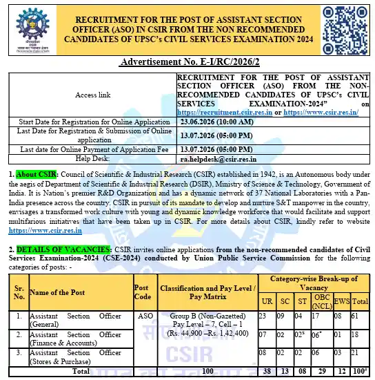 Official Notification of CSIR ASO Recruitment 2026