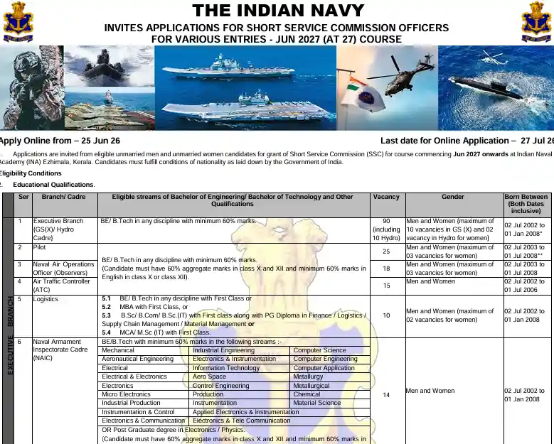 Indian Navy SSC Officer AT 27 Recruitment 2026 Official notification image of Indian Navy SSC Officer AT 27 Recruitment 2026
