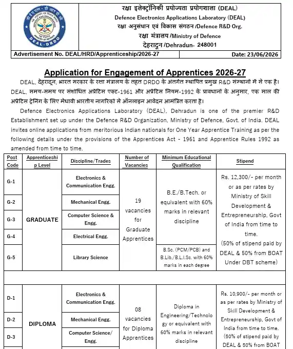 Official Notification image of DRDO DEAL Apprentice Recruitment 2026