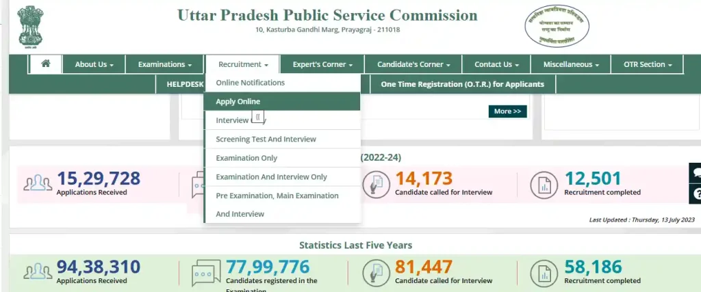 Apply Online option for UP PCS Recruitment 2026