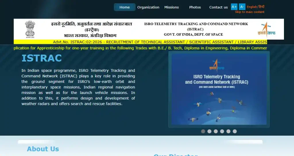 ISRO ISTRAC website homepage for ISRO ISTRAC Recruitment 2026
