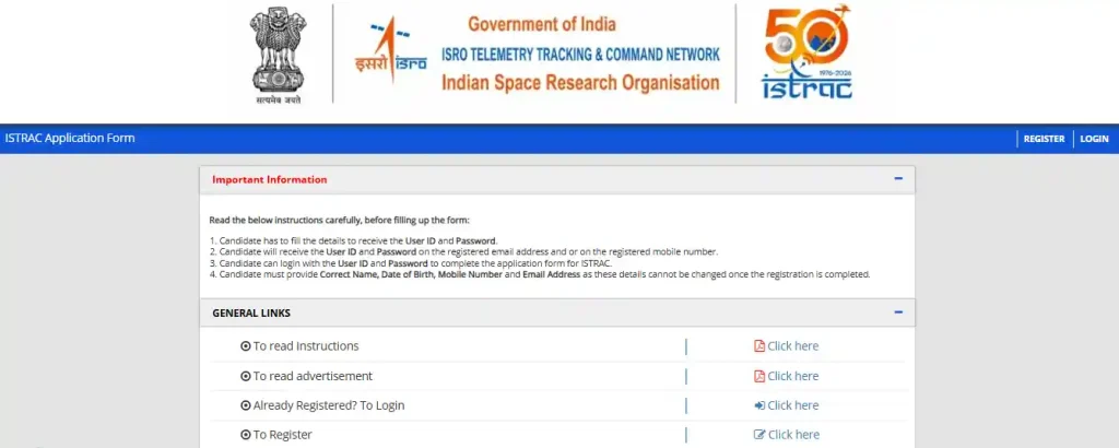 Registration and login option for ISRO ISTRAC Recruitment 2026