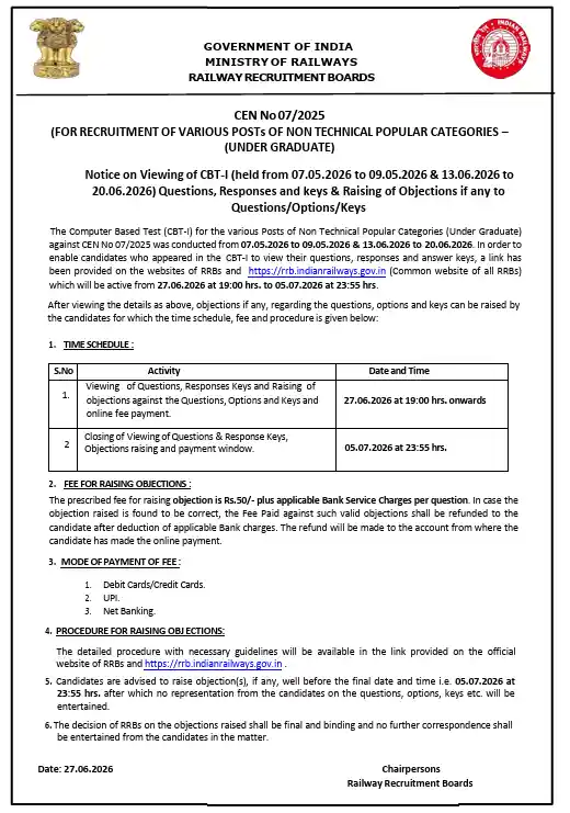 Official notification image of RRB NTPC UG Answer Key 2026
