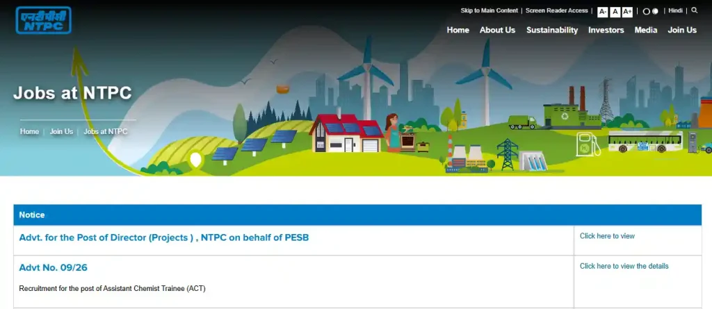 Notice and apply option for NTPC Assistant Chemist Trainee (ACT) Recruitment 2026