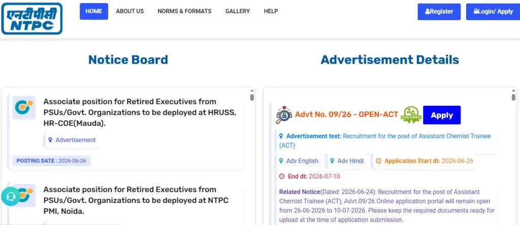 careers.ntpc.co.in website homepage for NTPC Assistant Chemist Trainee (ACT) Recruitment 2026