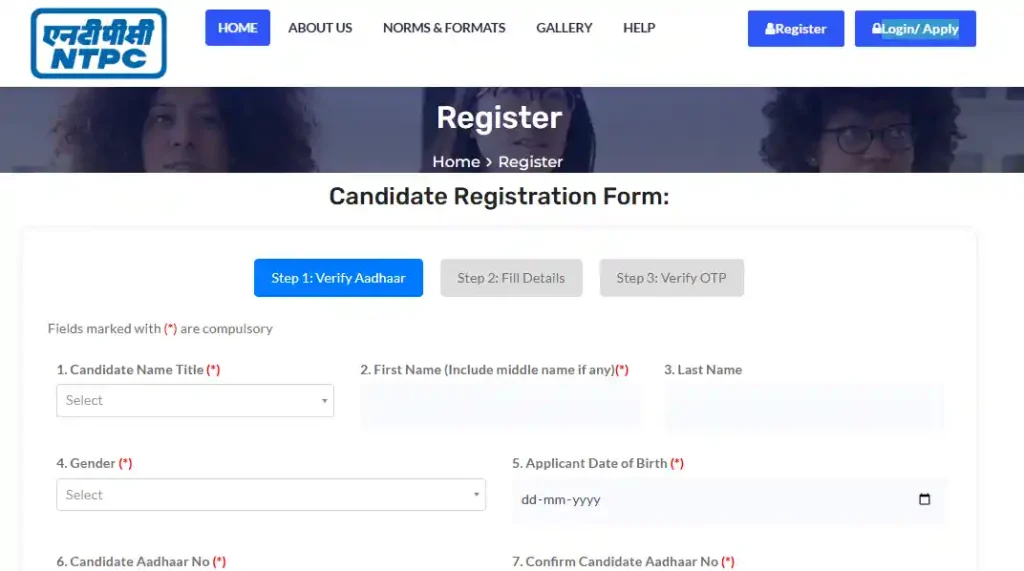 Registration form image of NTPC Assistant Chemist Trainee (ACT) Recruitment 2026