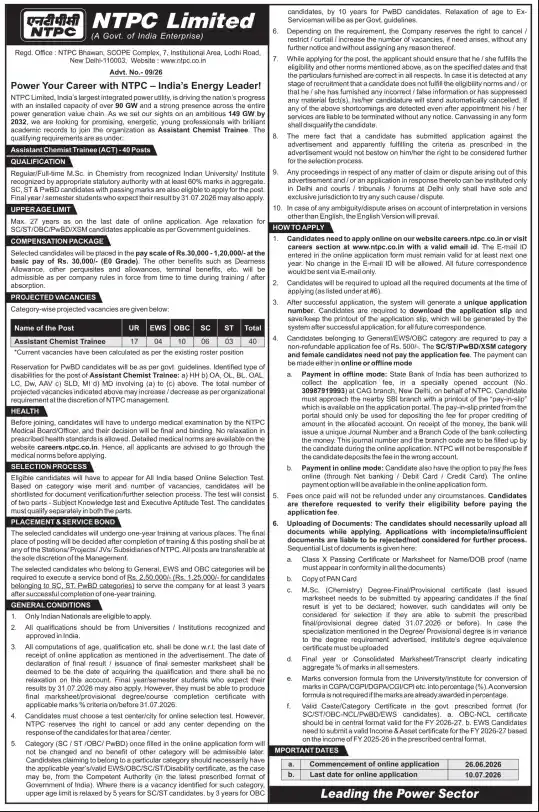 Official Notification image of NTPC Assistant Chemist Trainee (ACT) Recruitment 2026