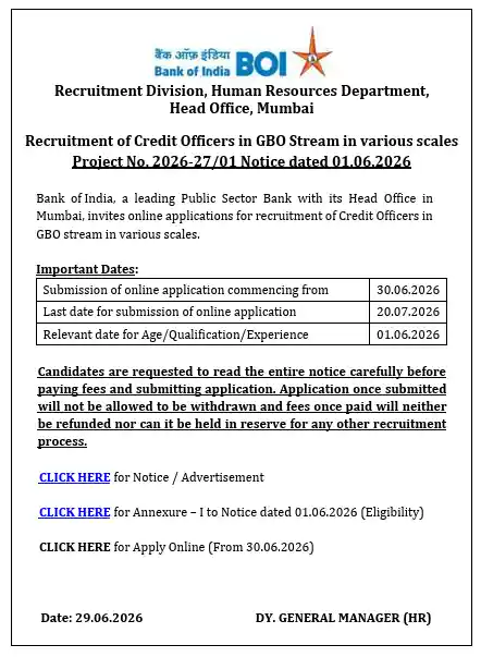 Apply link in PDF for Bank of India Credit Officer Recruitment 2026