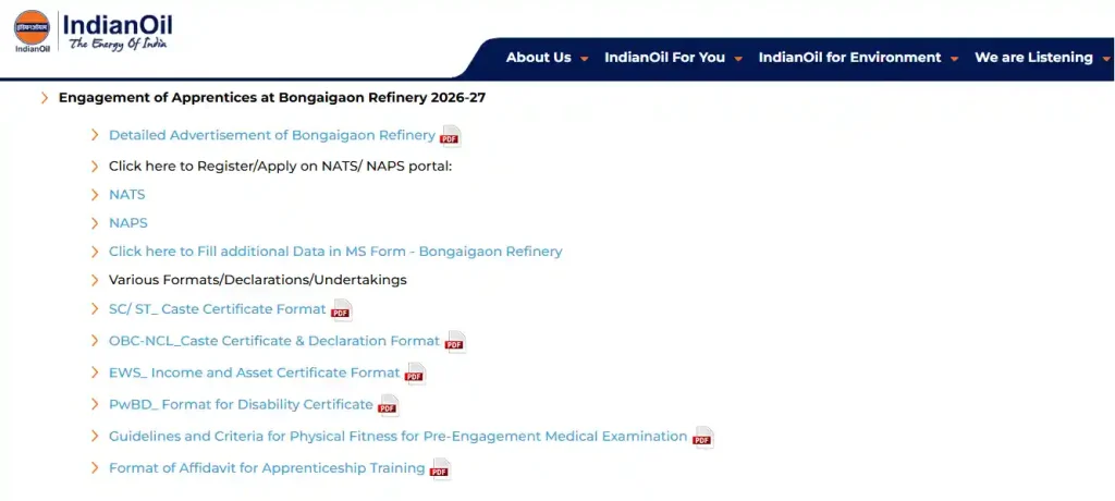Apply option for IOCL Apprentices Recruitment 2026