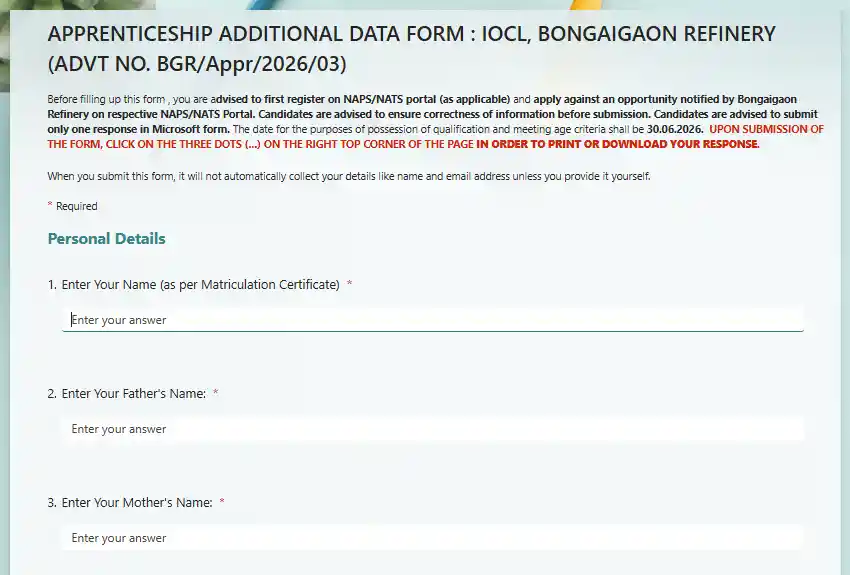 Microsoft form image of IOCL Apprentices Recruitment 2026