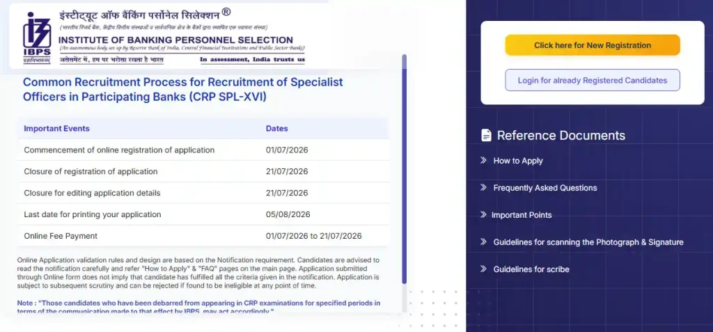 Login And Registration option for IBPS SO Recruitment 2026