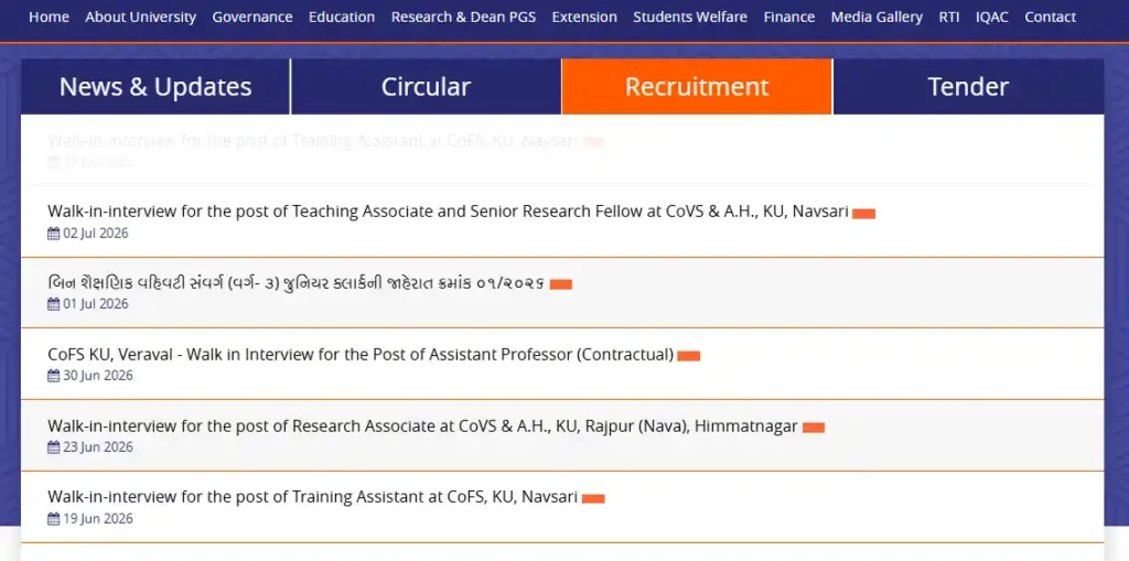 Kamdhenu University Junior Clerk Recruitment 2026 Recruitment section for Kamdhenu University Junior Clerk Recruitment 2026