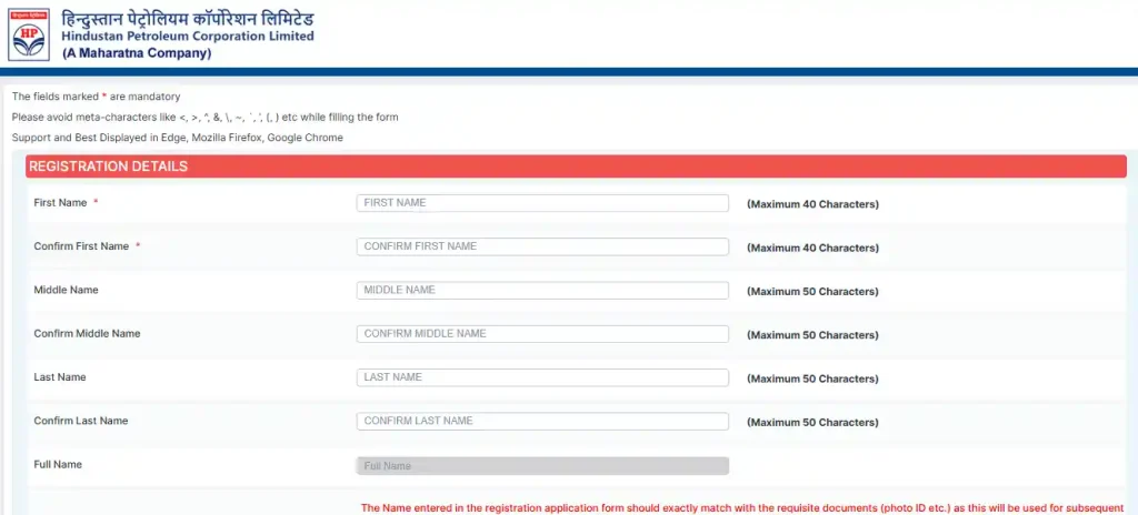 Registration form image of HPCL Recruitment 2026