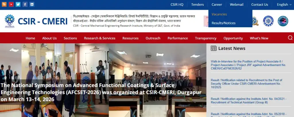CSIR SMERi website homepage for CSIR-CMERI Technician Recruitment 2026
