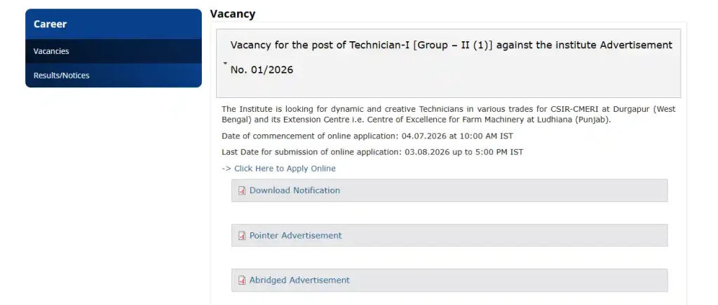 Apply option for CSIR-CMERI Technician Recruitment 2026