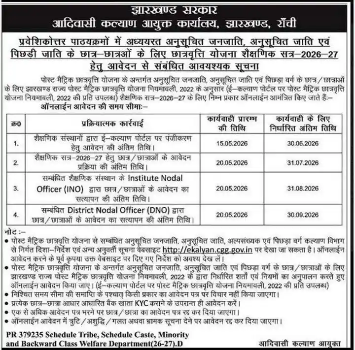 Notification image of Ekalyan Jharkhand Post Matric Scholarship 2026-27