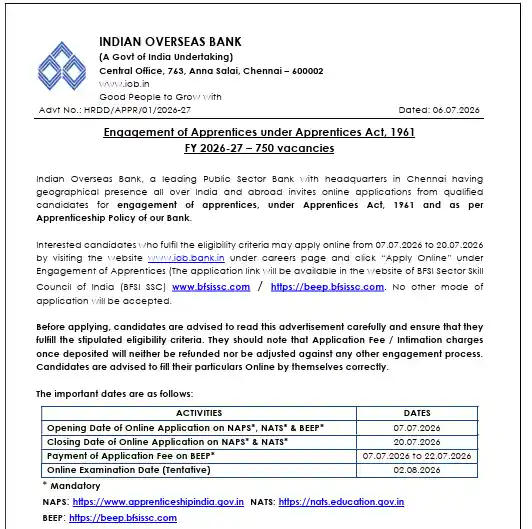 Official Notification image of Indian Overseas Bank IOB Apprentice Recruitment 2026