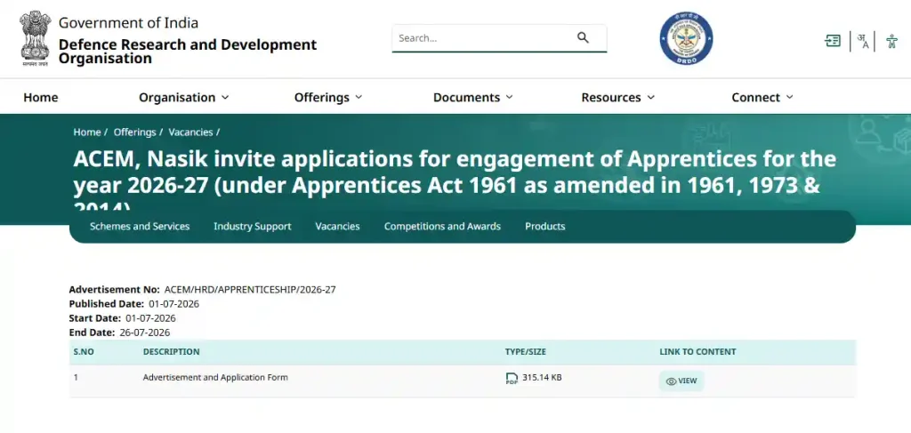 Form download option for DRDO ACEM Apprentice Recruitment 2026